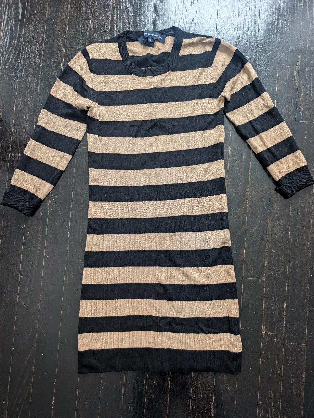 French Connection Black and Beige Striped Long Sleeve Dress